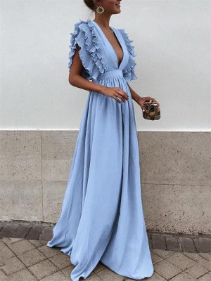 Solid Color Sexy Dress V-neck Ruffle Sleeve Long Dress